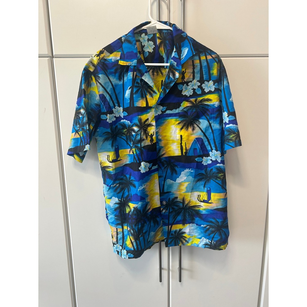 Winnie Fashion Hawaiian Shirt Mens Large Blue Tropical Sunset Palm Tree Hibiscus